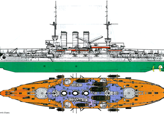Боевой корабль SMS Elsass 1908 [Battleship] - чертежи, габариты, рисунки